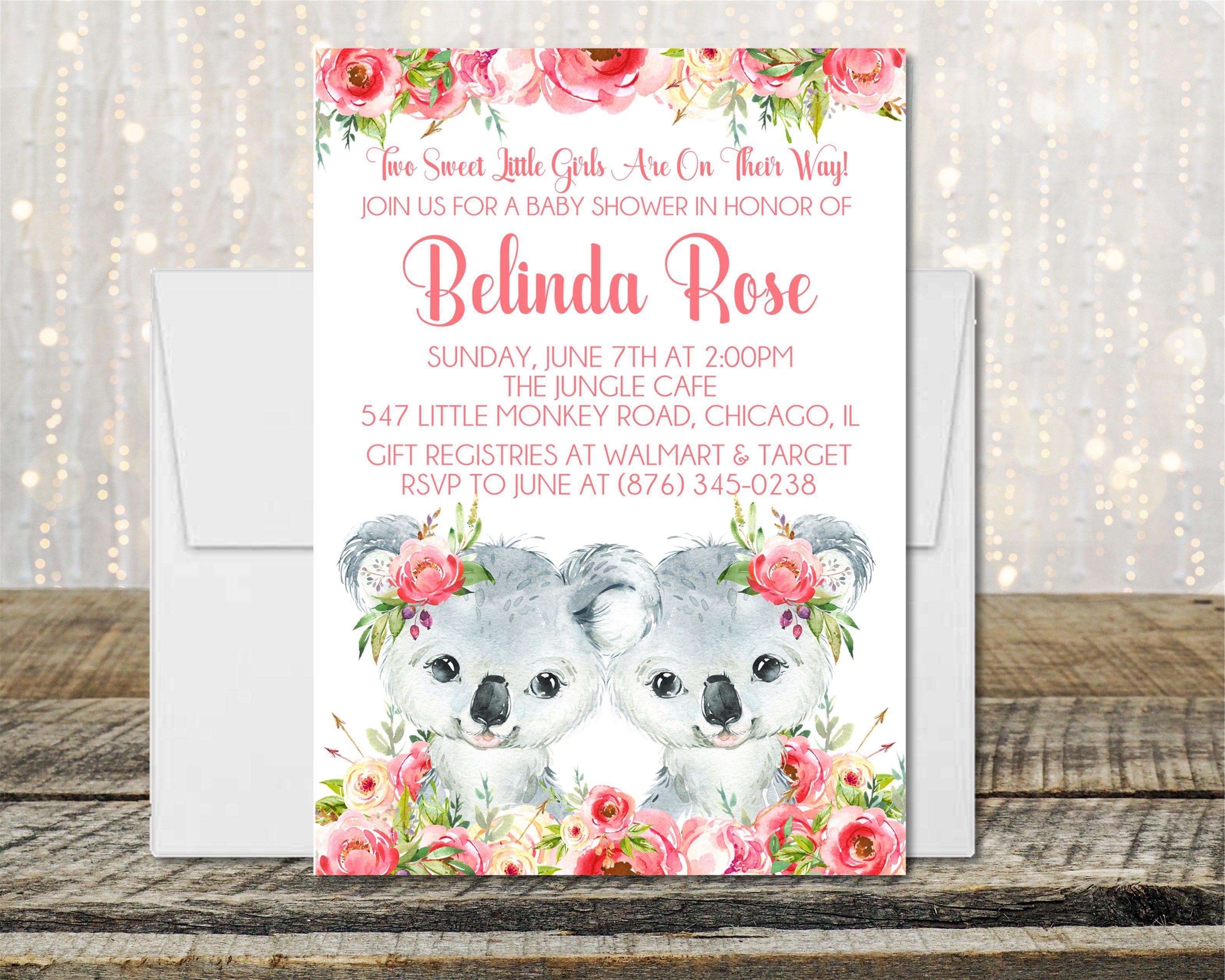 Girl Twins Koala Baby Shower Invitations