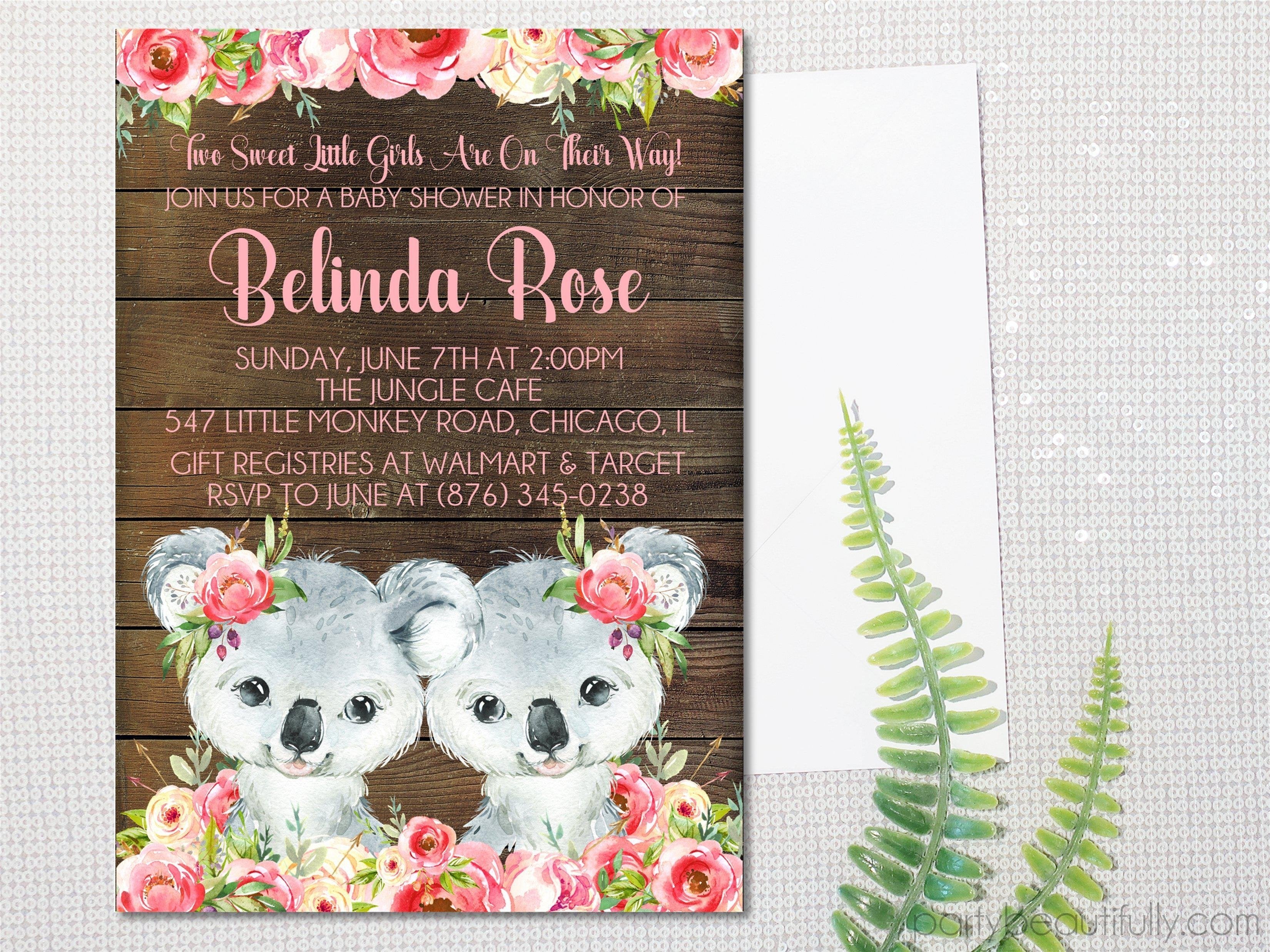 Girl Twins Koala Baby Shower Invitations