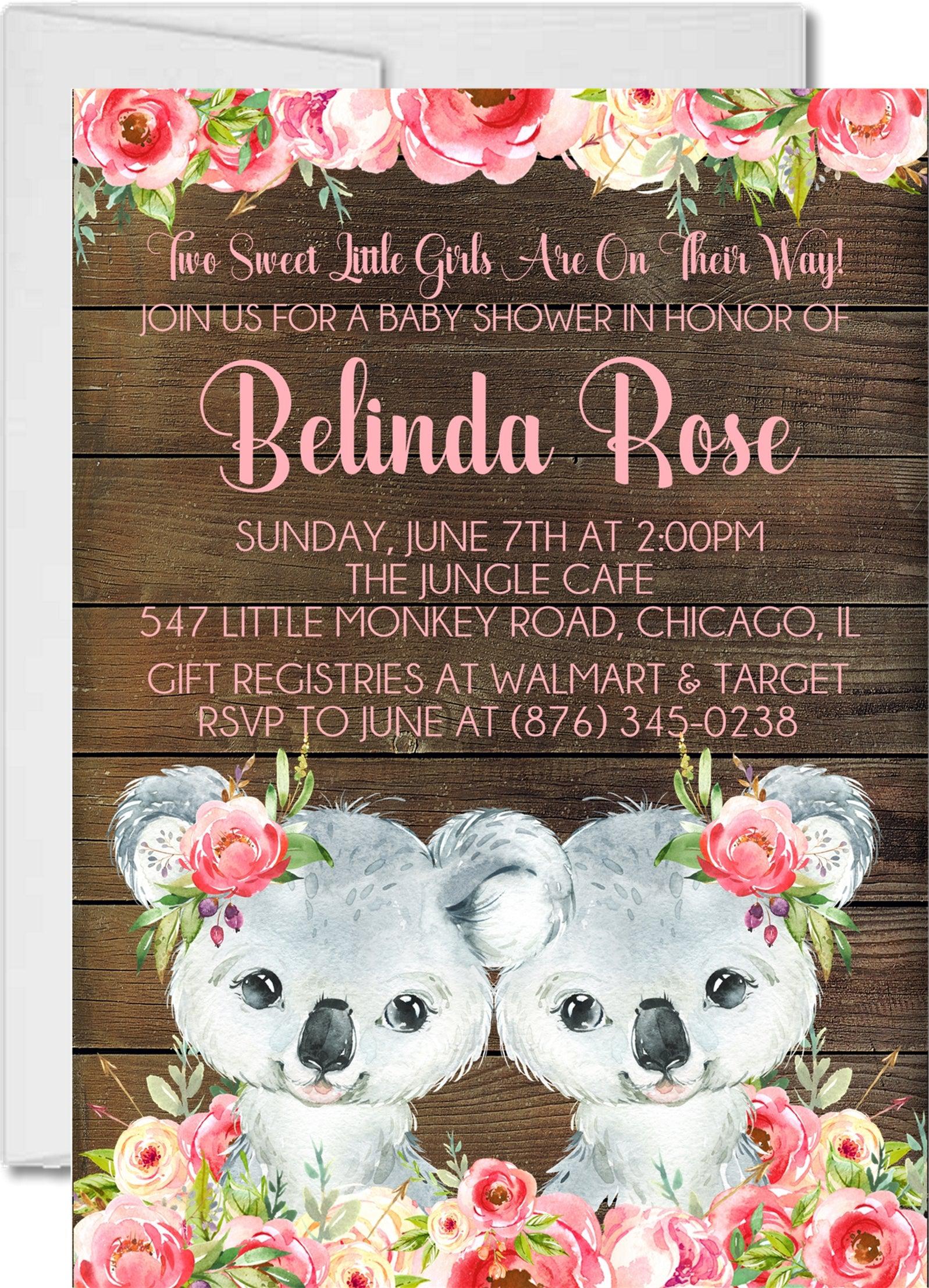 Girl Twins Koala Baby Shower Invitations