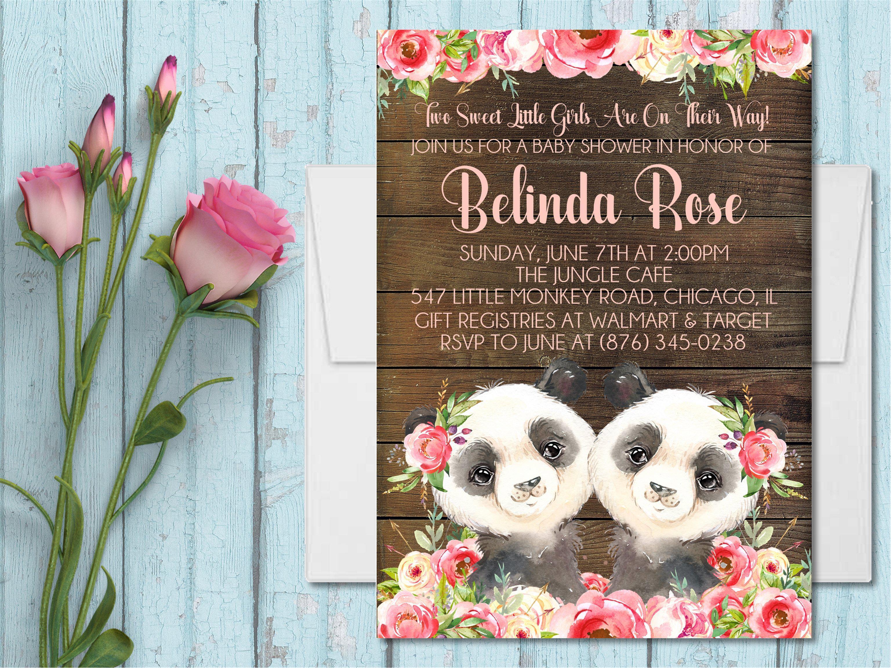 Girl Twins Panda Baby Shower Invitations