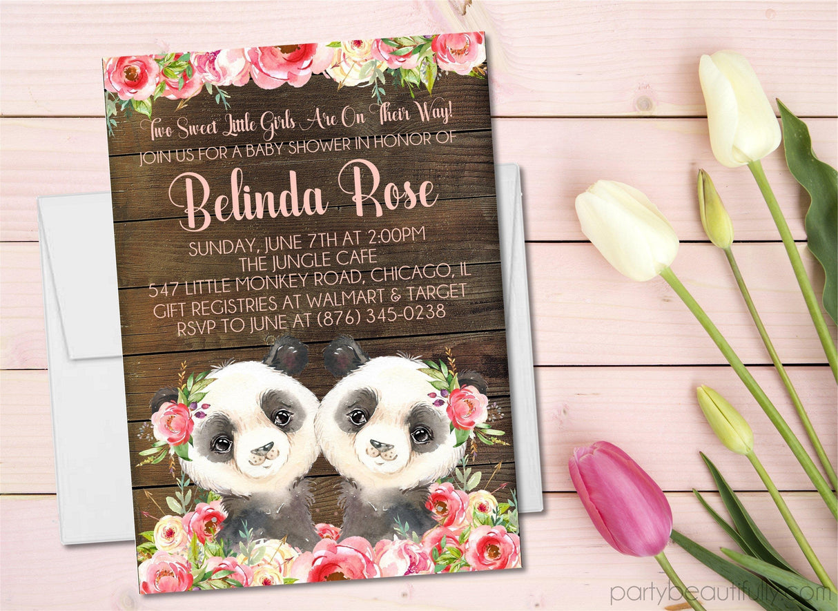 Girl Twins Panda Baby Shower Invitations