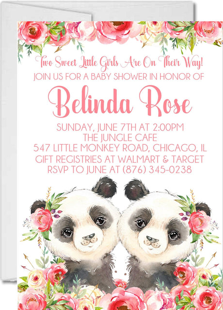 Girl Twins Panda Baby Shower Invitations