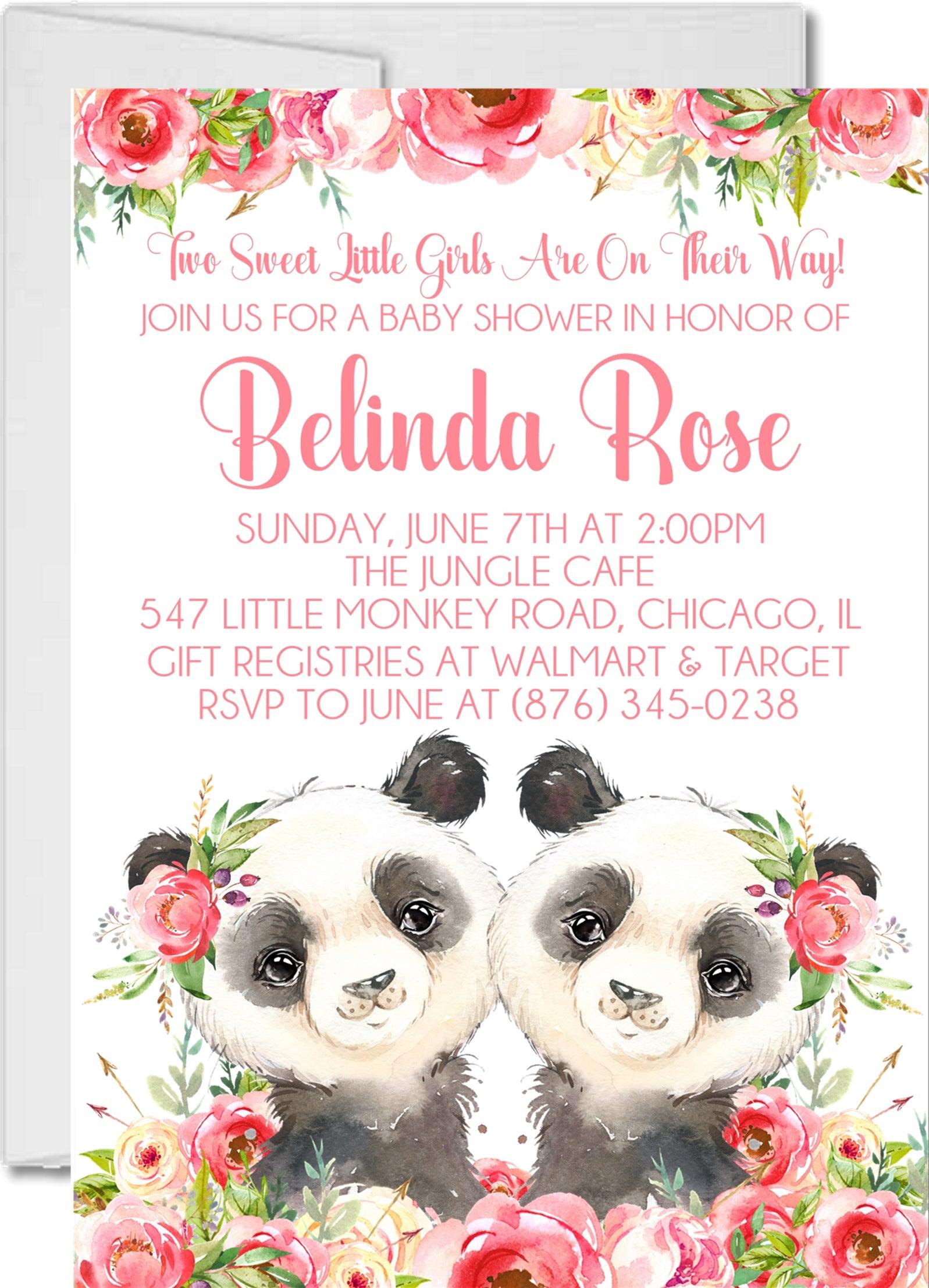 Girl Twins Panda Baby Shower Invitations