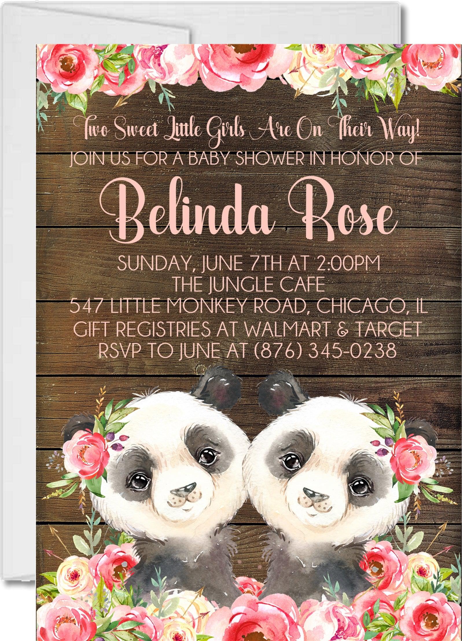 Girl Twins Panda Baby Shower Invitations