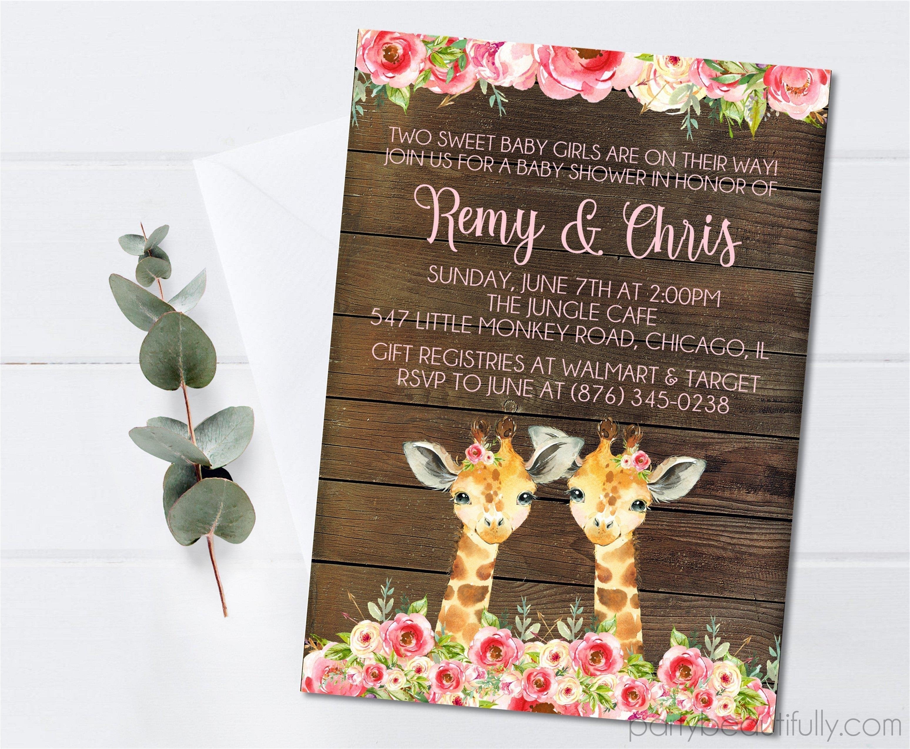 Girl Twins Safari Giraffe Baby Shower Invitations