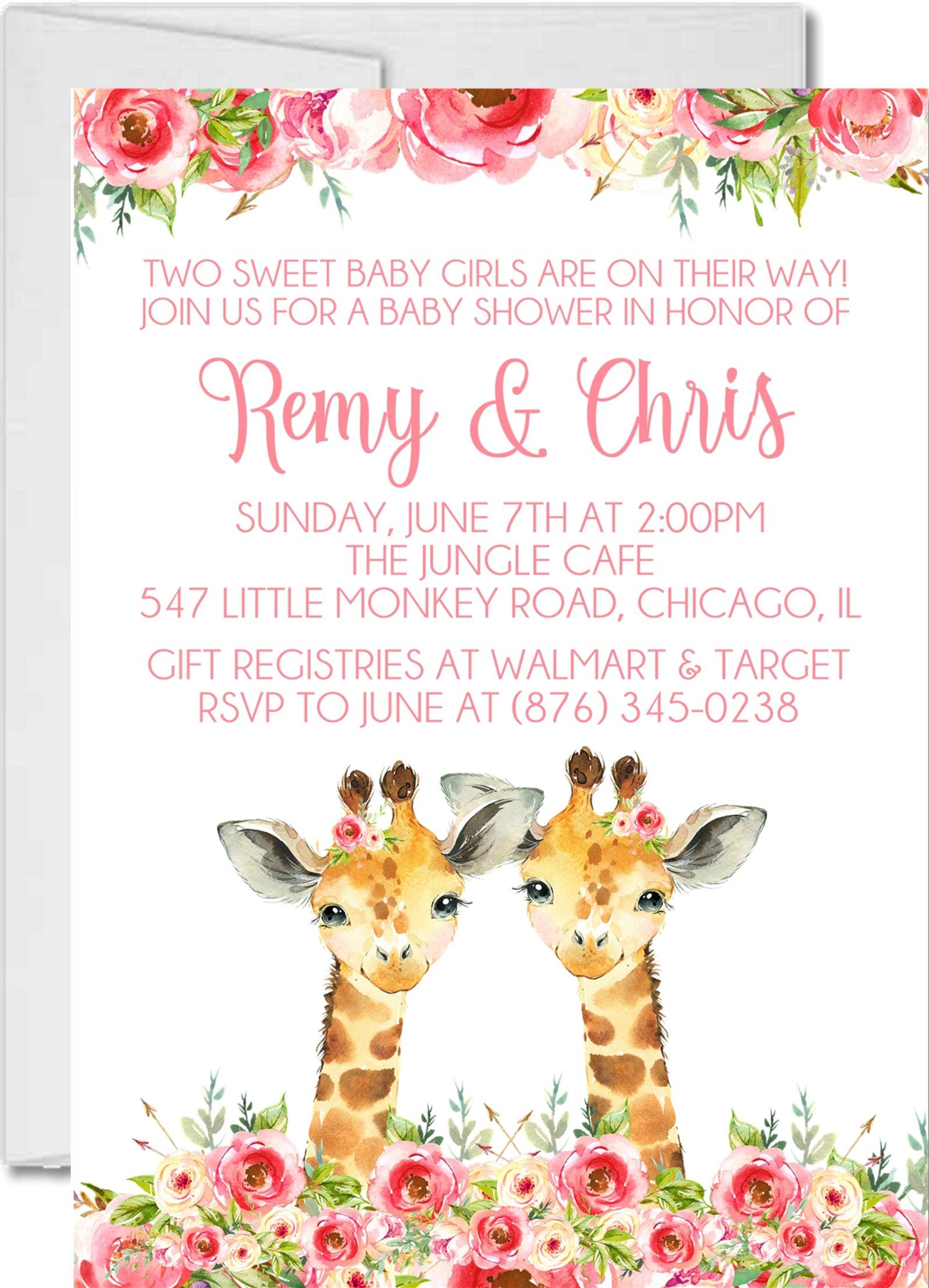 Girl Twins Safari Giraffe Baby Shower Invitations