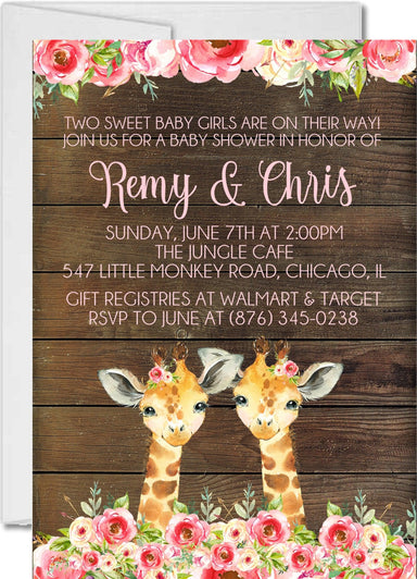 Girl Twins Safari Giraffe Baby Shower Invitations