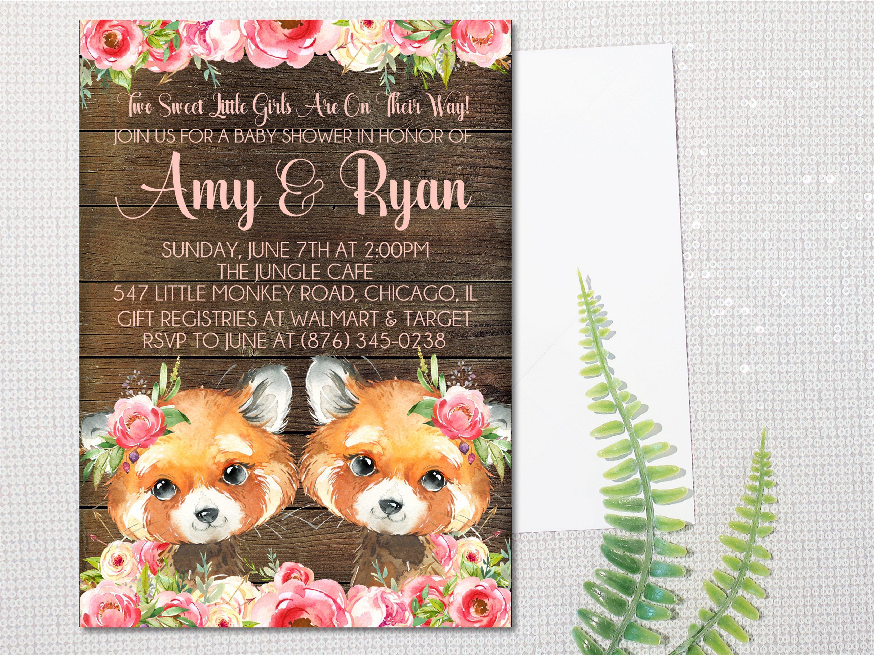 Girl Twins Woodland Fox Baby Shower Invitations