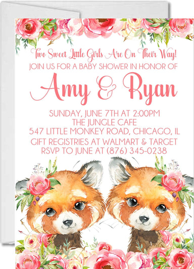 Girl Twins Woodland Fox Baby Shower Invitations