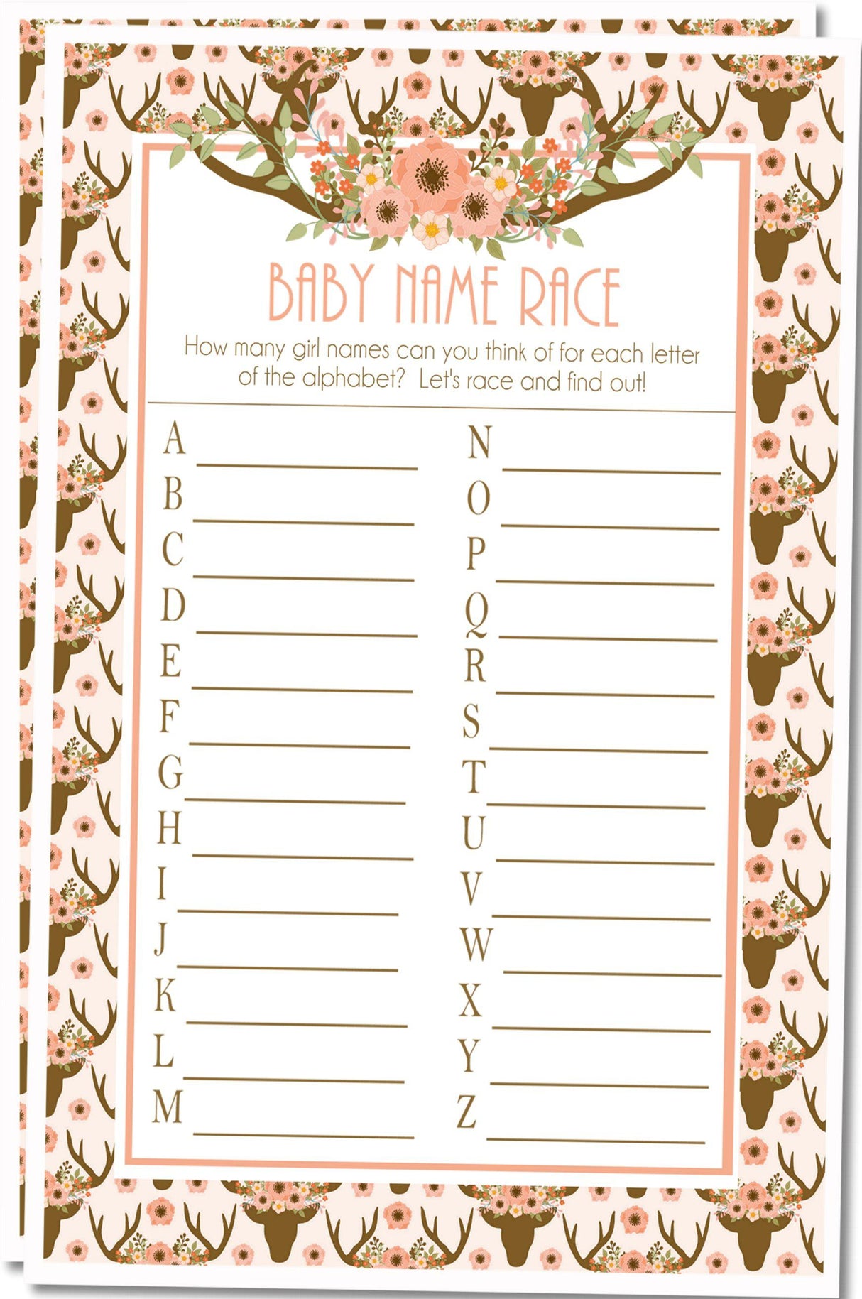 Girl baby shower name race game with deer antlers