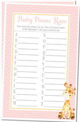Girl baby shower name race giraffe theme