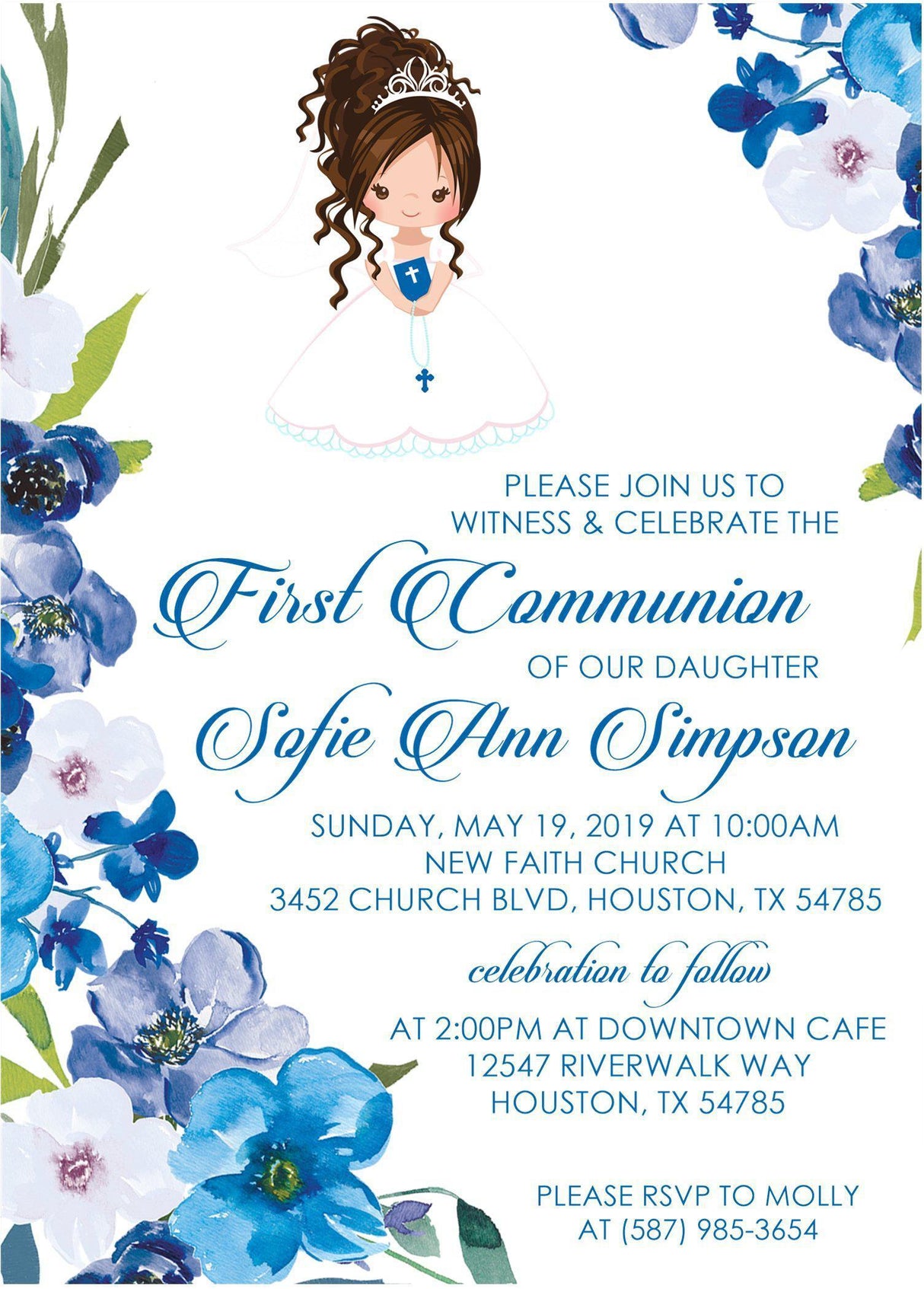 Girls Blue First Communion Invitations