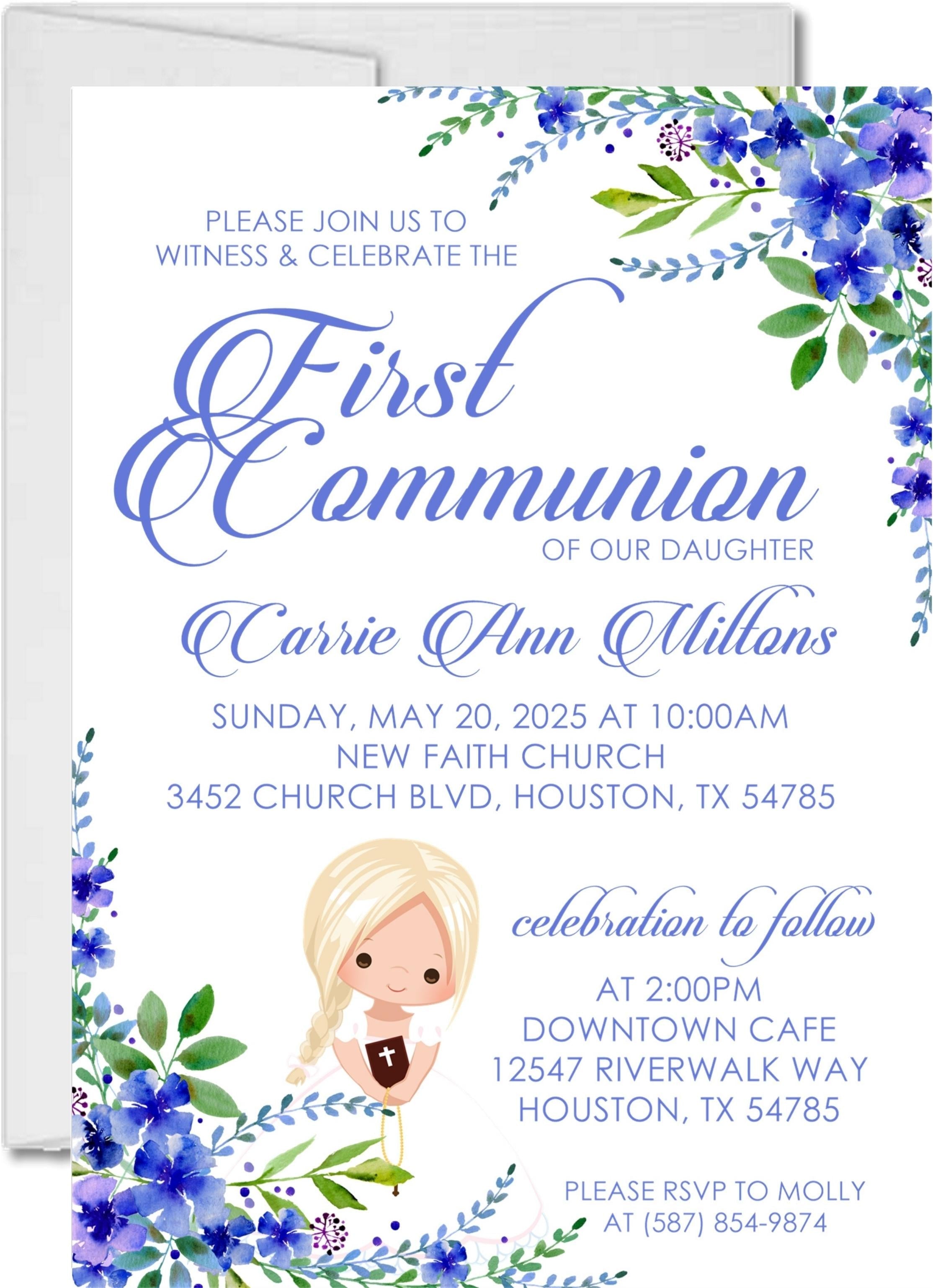 Girls Blue First Communion Invitations