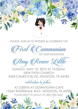 Girls Blue Floral First Communion Invitations