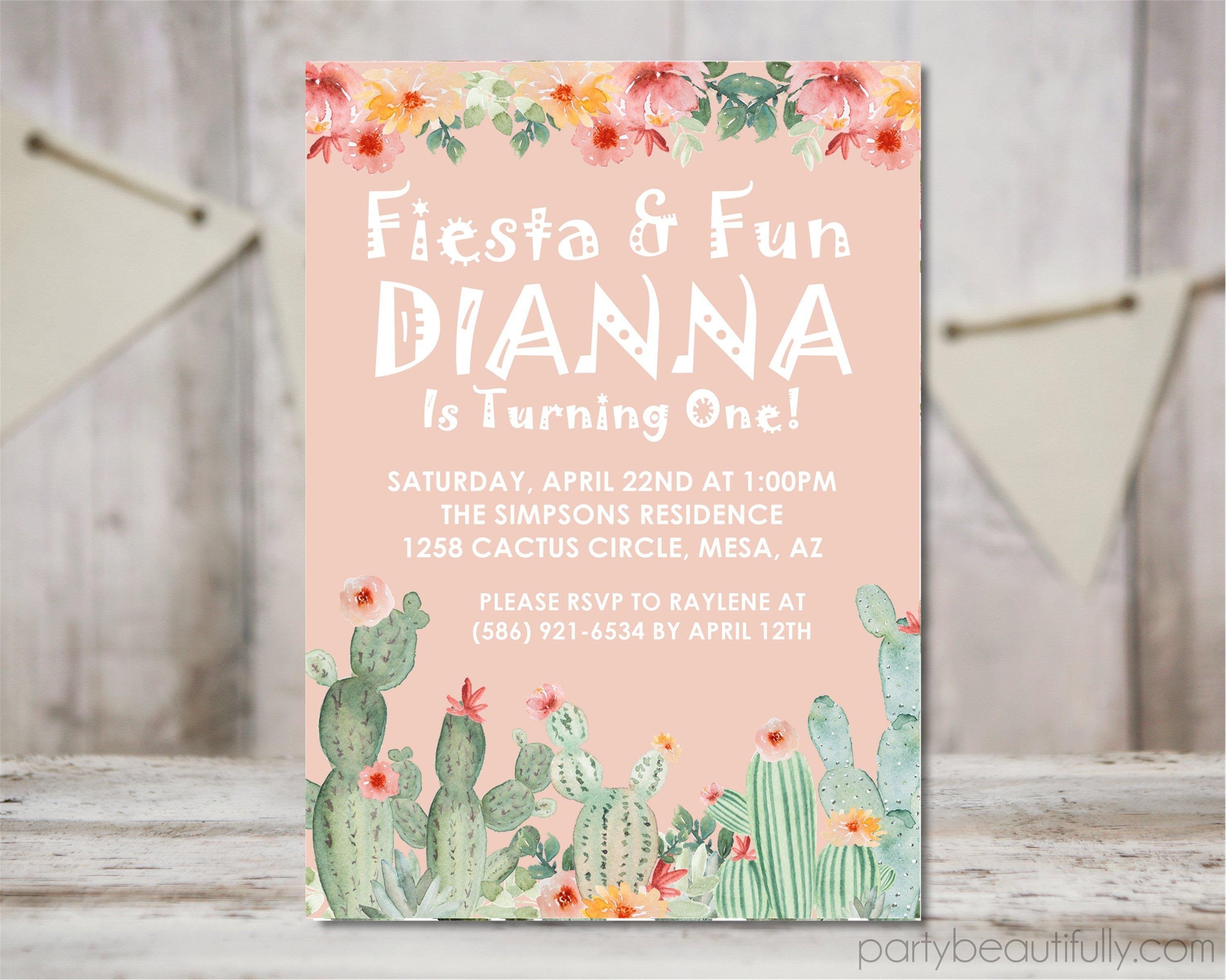 Girls Cactus 1st Birthday Party Invitations