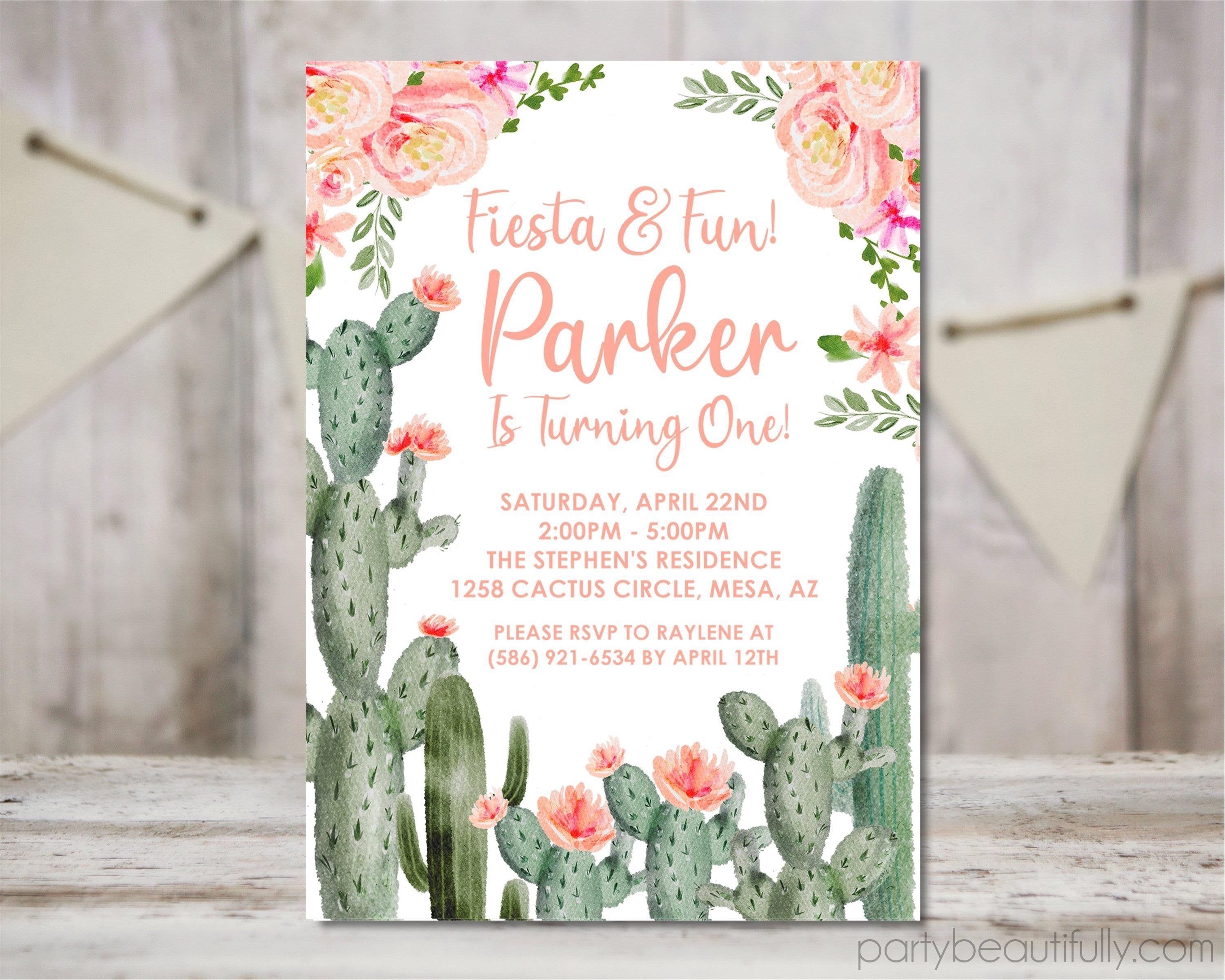 Girls Cactus 1st Birthday Party Invitations