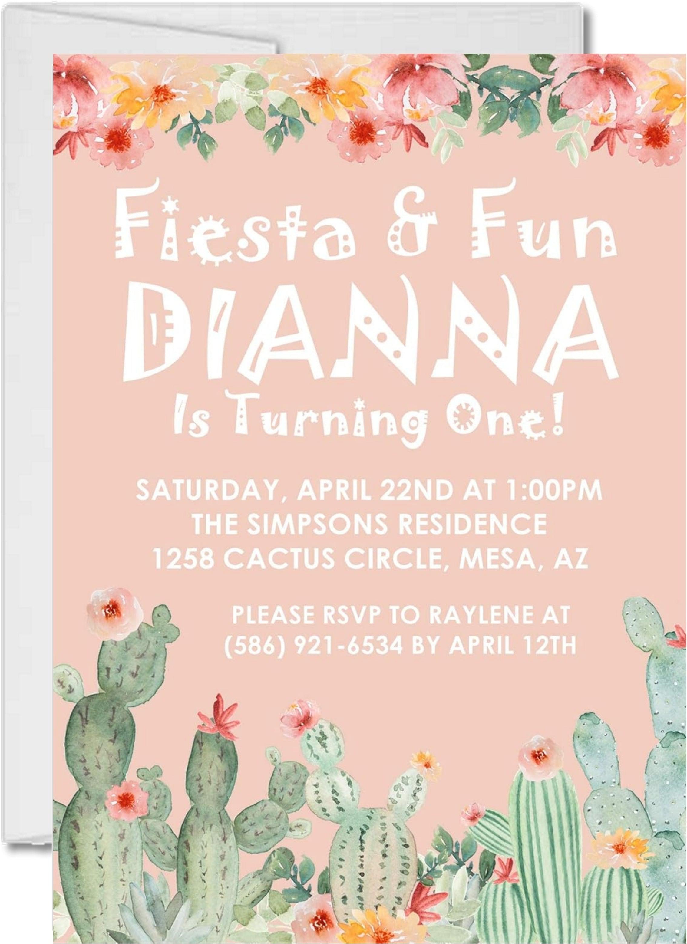 Girls Cactus 1st Birthday Party Invitations