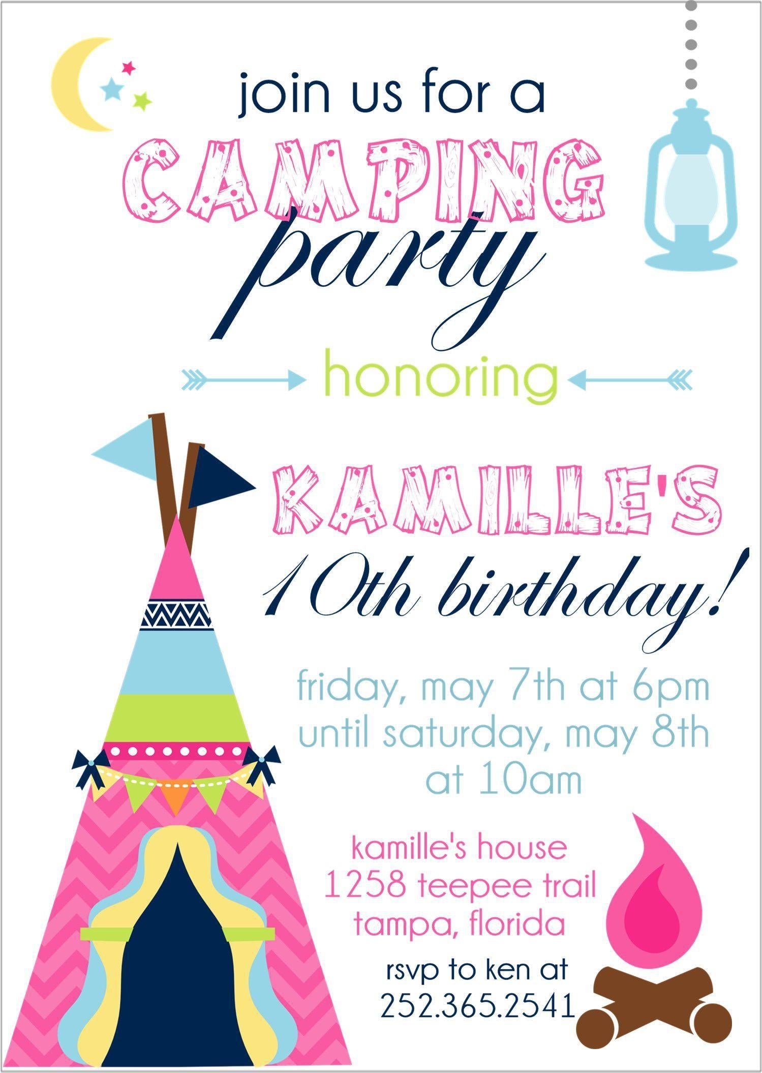 Girls Camping Birthday Party Invitations