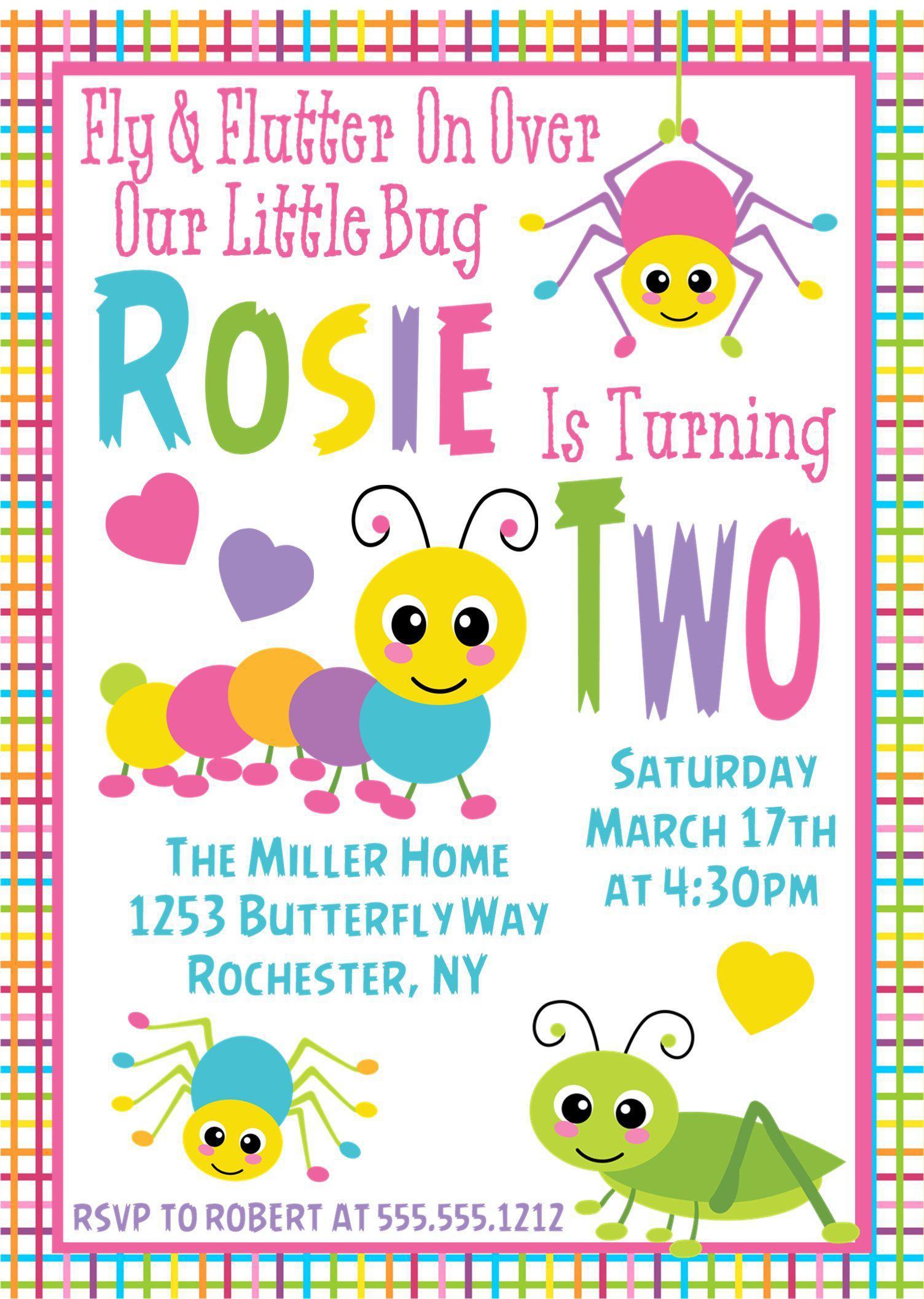 Girls Caterpillar Bug Birthday Party Invitations