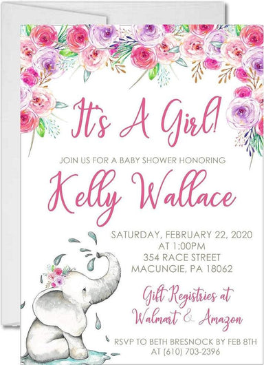 Girls Elephant Baby Shower Invitations