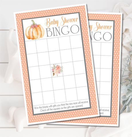 Girls Fall Pumpkin Baby Shower Bingo Cards