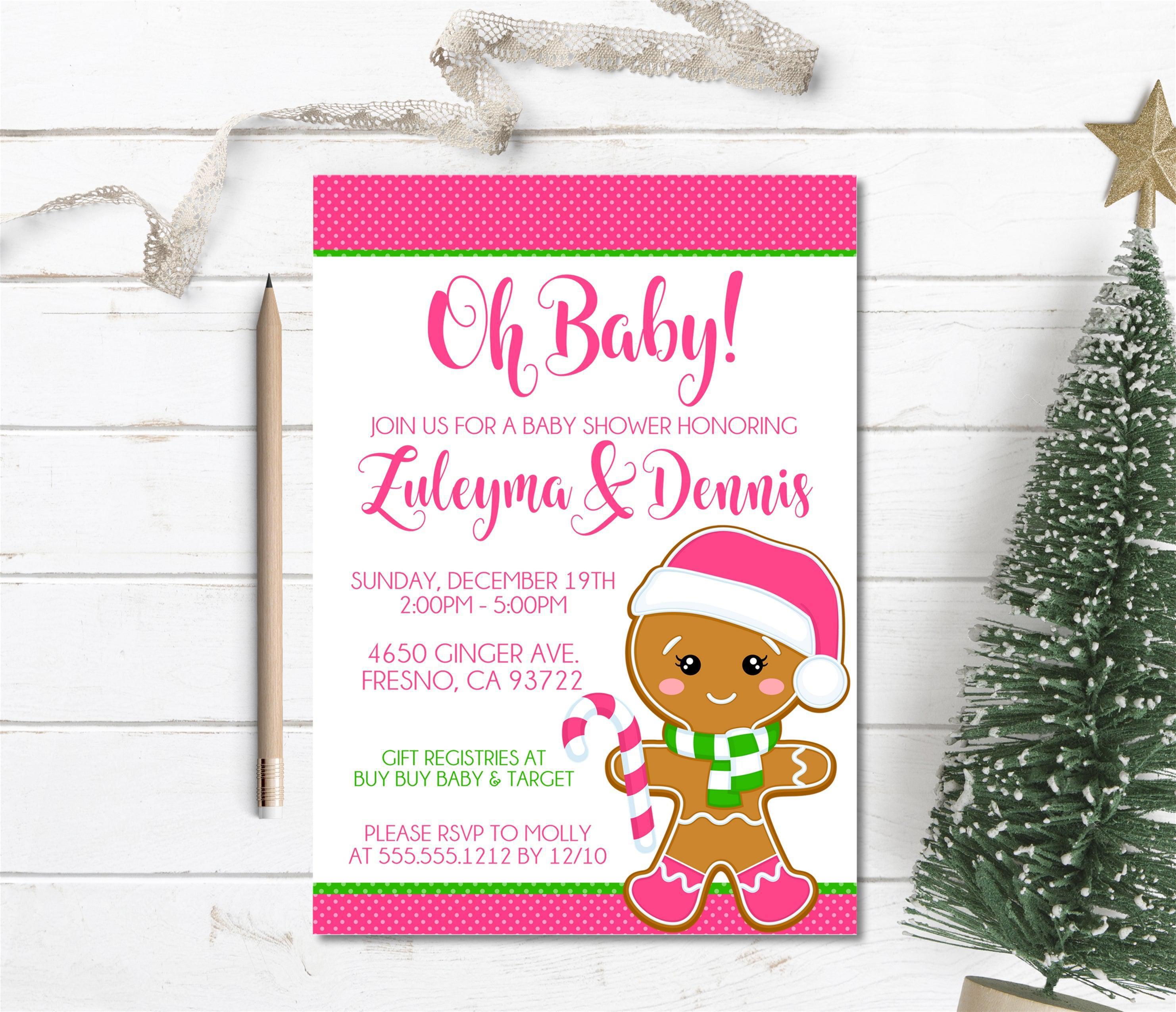 Girls Gingerbread Christmas Baby Shower Invitations