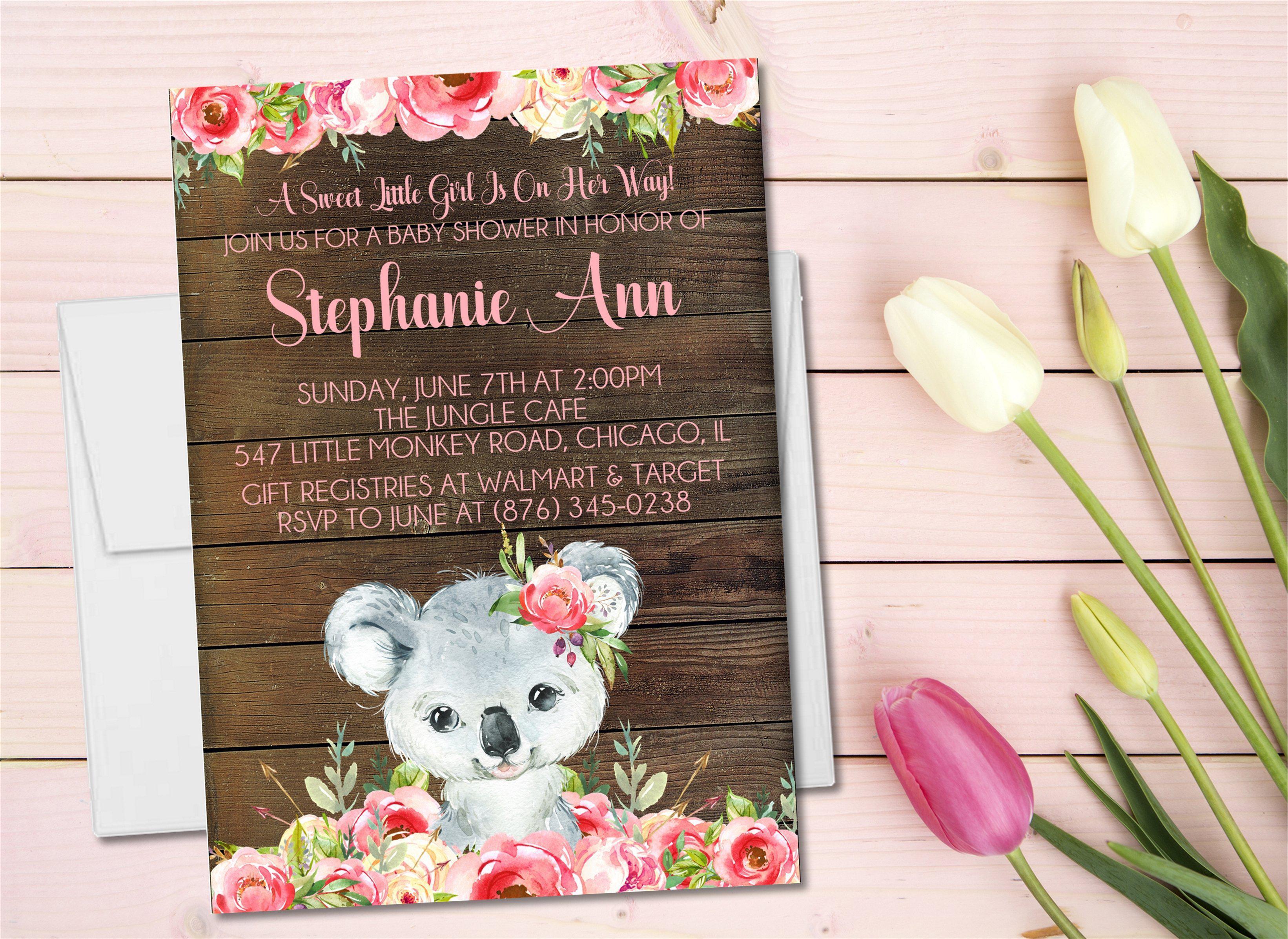 Girls Koala Baby Shower Invitations