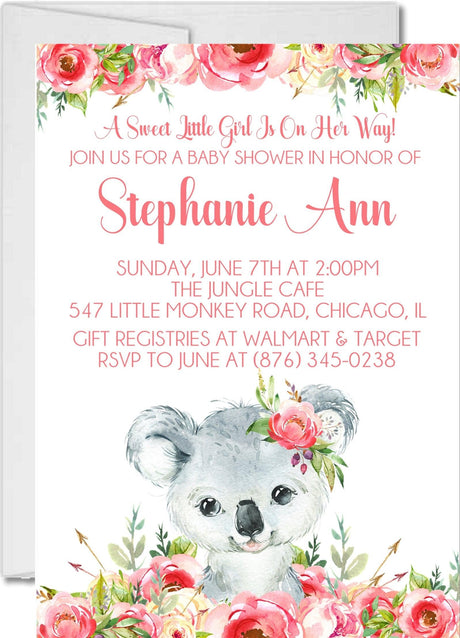 Girls Koala Baby Shower Invitations