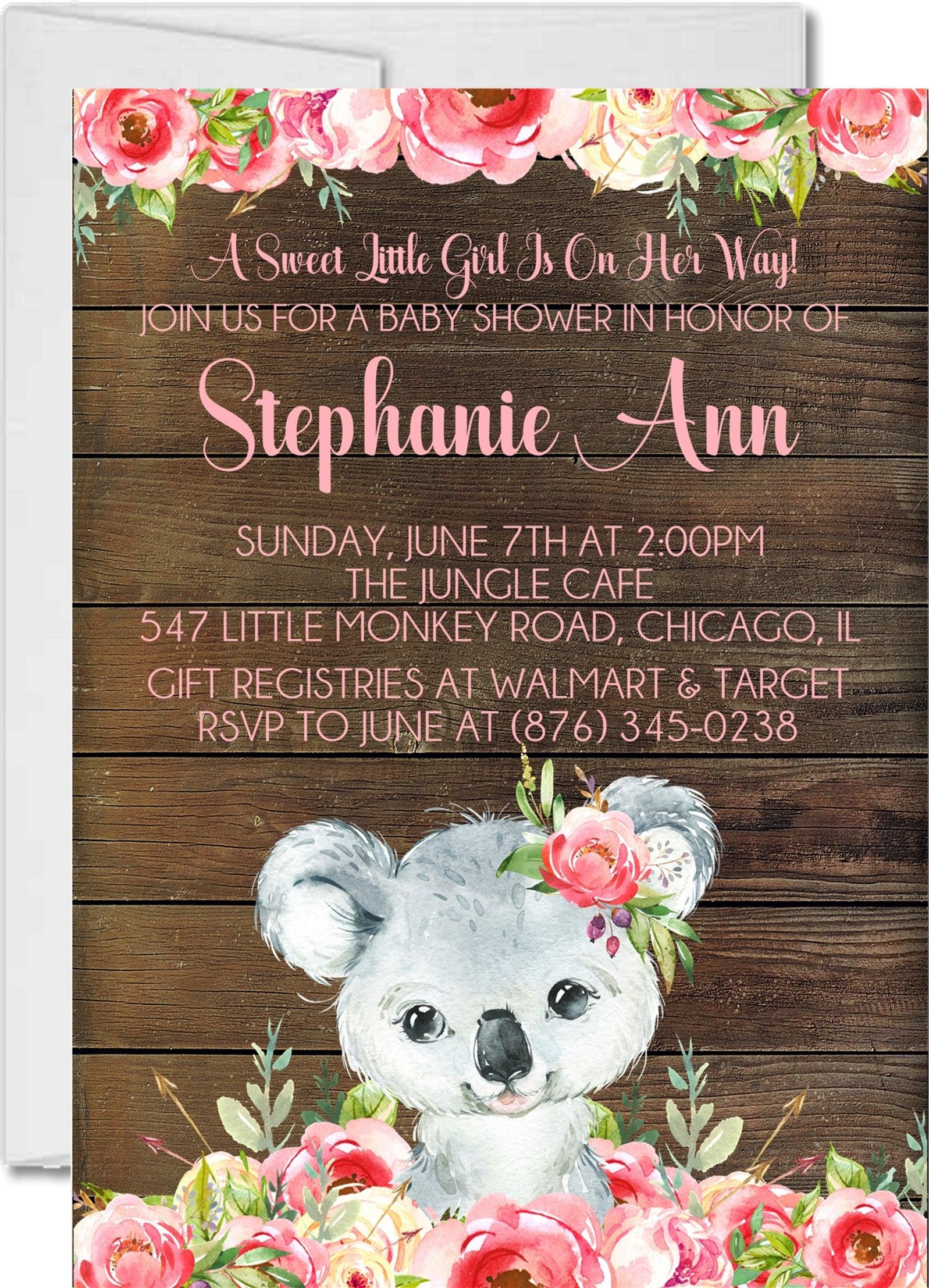 Girls Koala Baby Shower Invitations