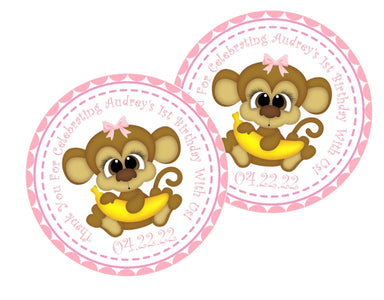 Girls Monkey 1st Birthday Party Stickers