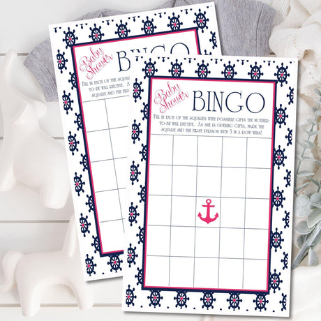 Girls Nautical Baby Shower Bingo Cards