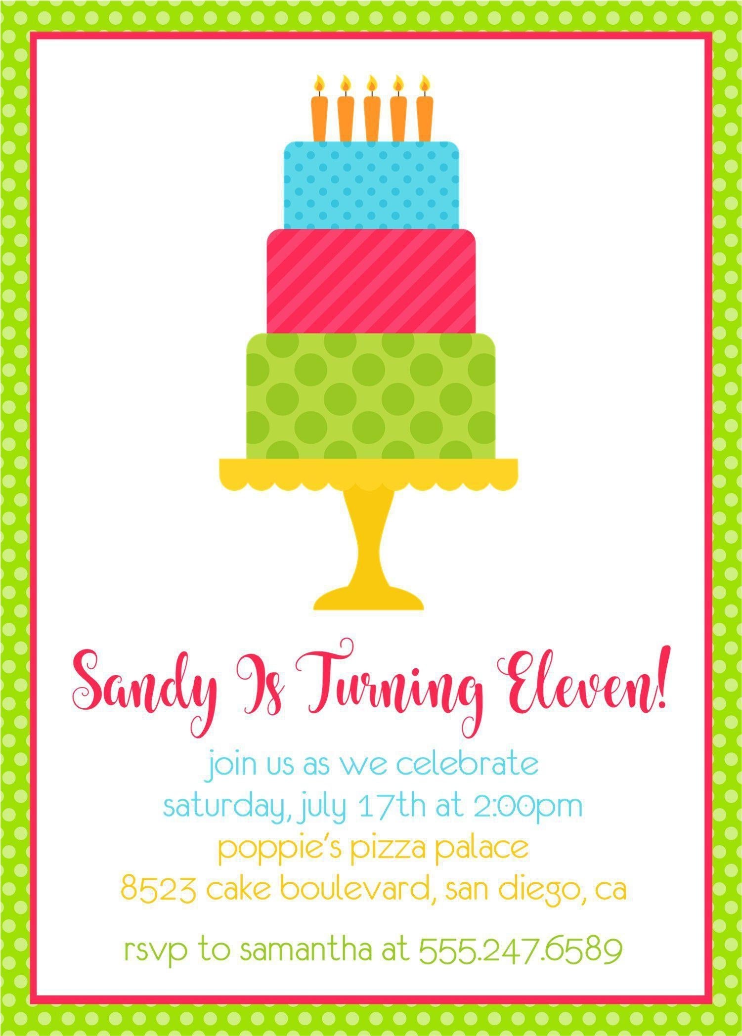 Girls Neon Cake Birthday Party Invitations