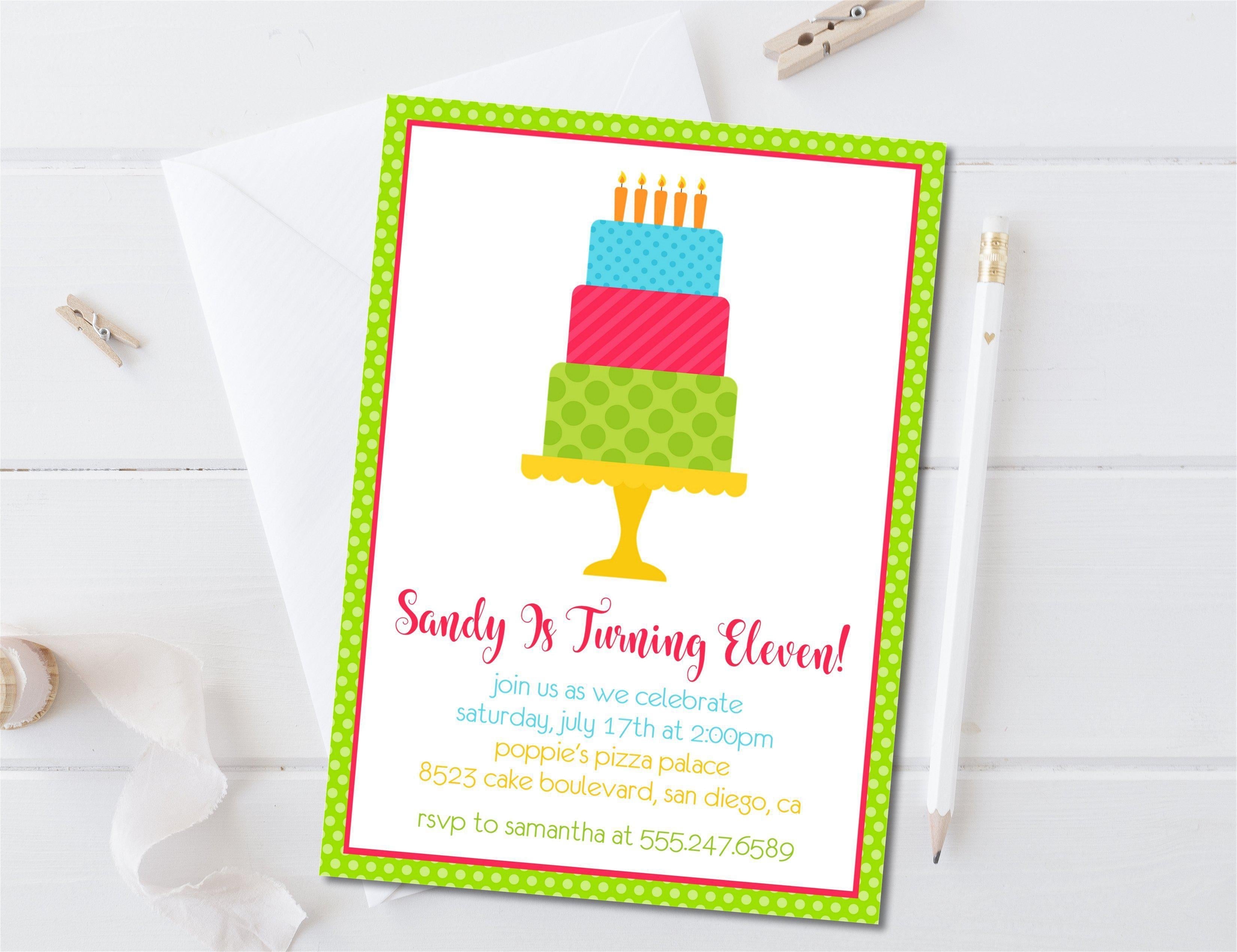 Girls Neon Cake Birthday Party Invitations