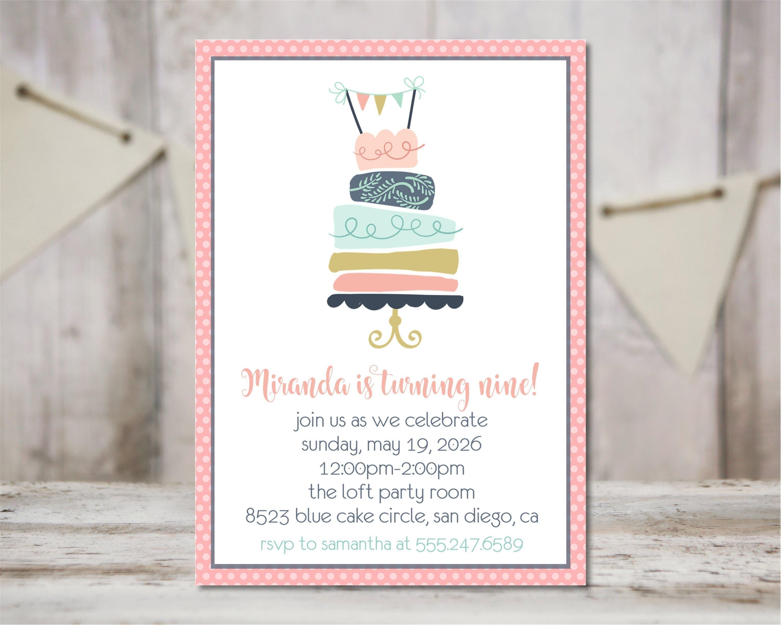 Girls Pastel Cake Birthday Party Invitations