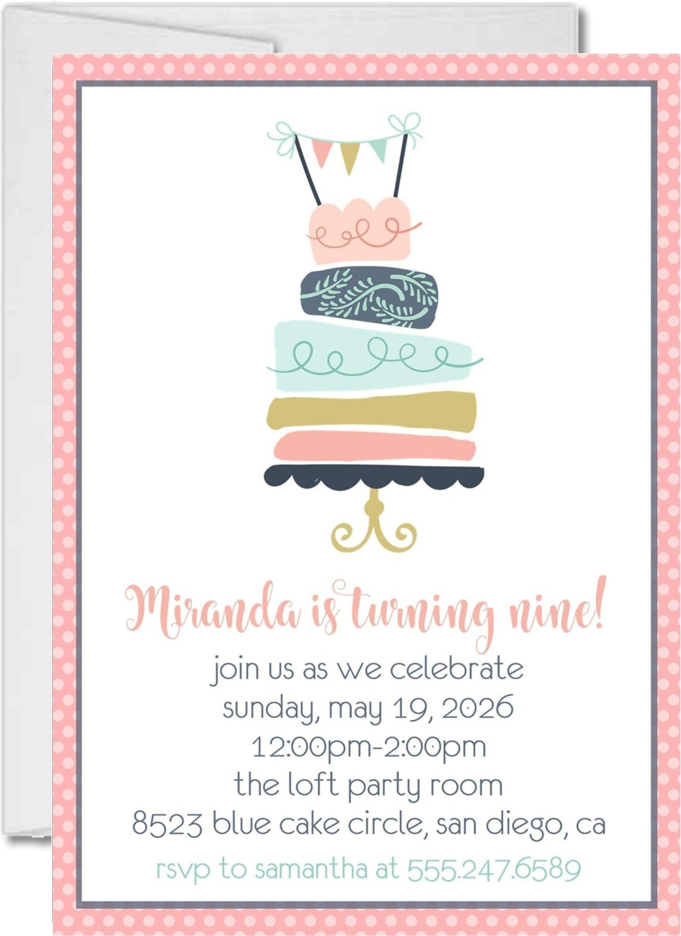 Girls Pastel Cake Birthday Party Invitations