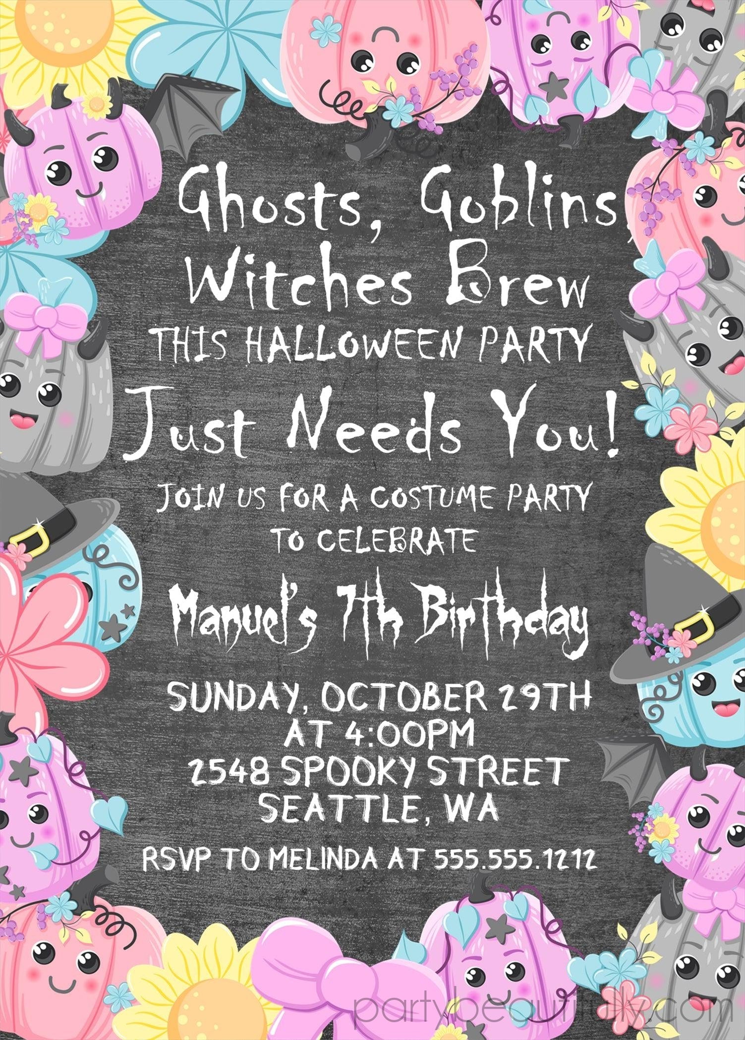 Girls Pastel Halloween Pumpkin Birthday Party Invitations