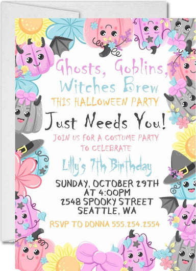 Girls Pastel Halloween Pumpkin Birthday Party Invitations