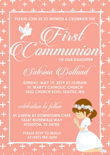 Girls Peach And White First Communion Invitations