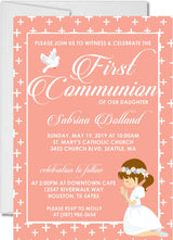Girls Peach And White First Communion Invitations