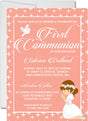 Girls Peach And White First Communion Invitations