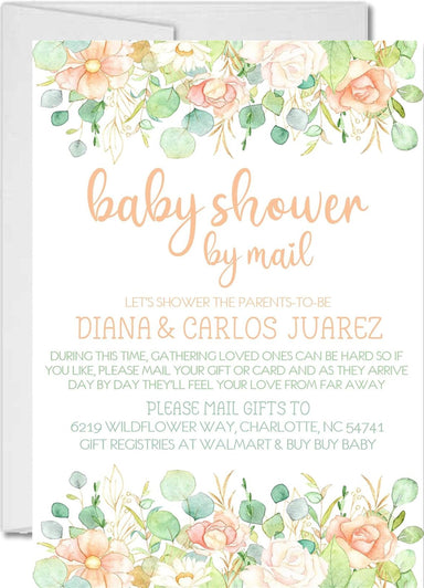 Girls Peach Floral Baby Shower By Mail Invitations