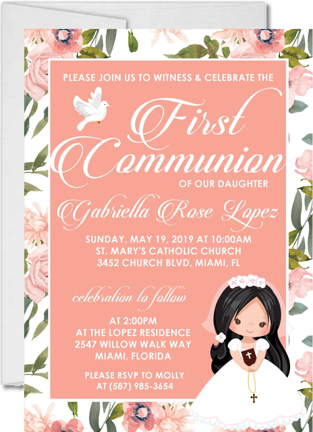 Girls Peach Floral First Communion Invitations