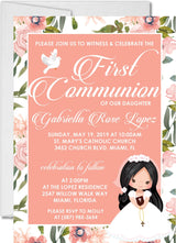 Girls Peach Floral First Communion Invitations