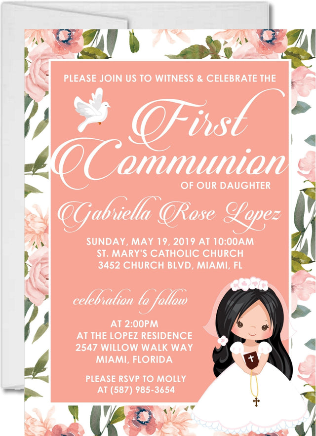 Girls Peach Floral First Communion Invitations