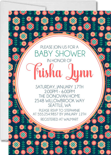 Girls Peach & Navy Floral Baby Shower Invitations