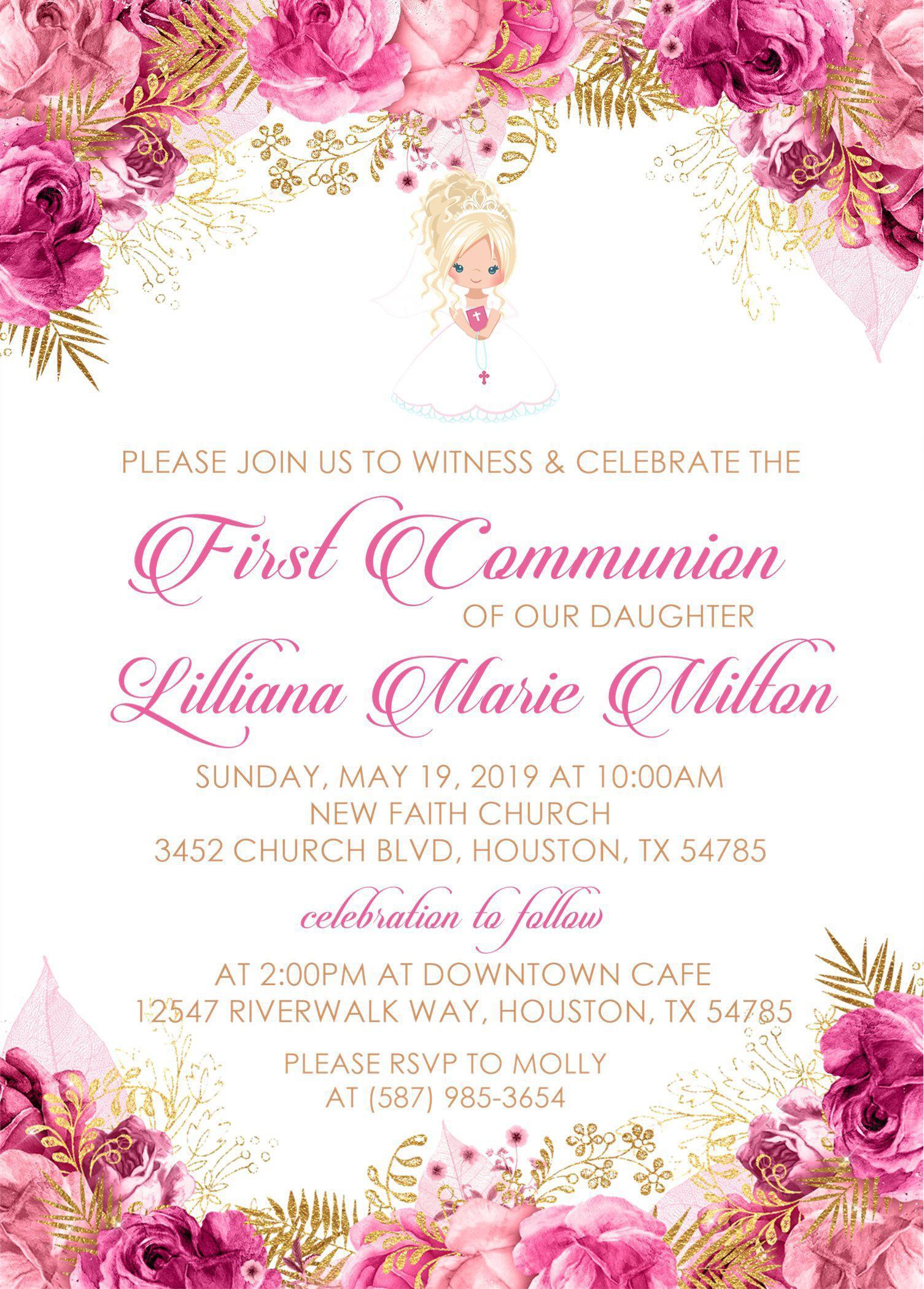 Girls Pink And Gold First Communion Invitations