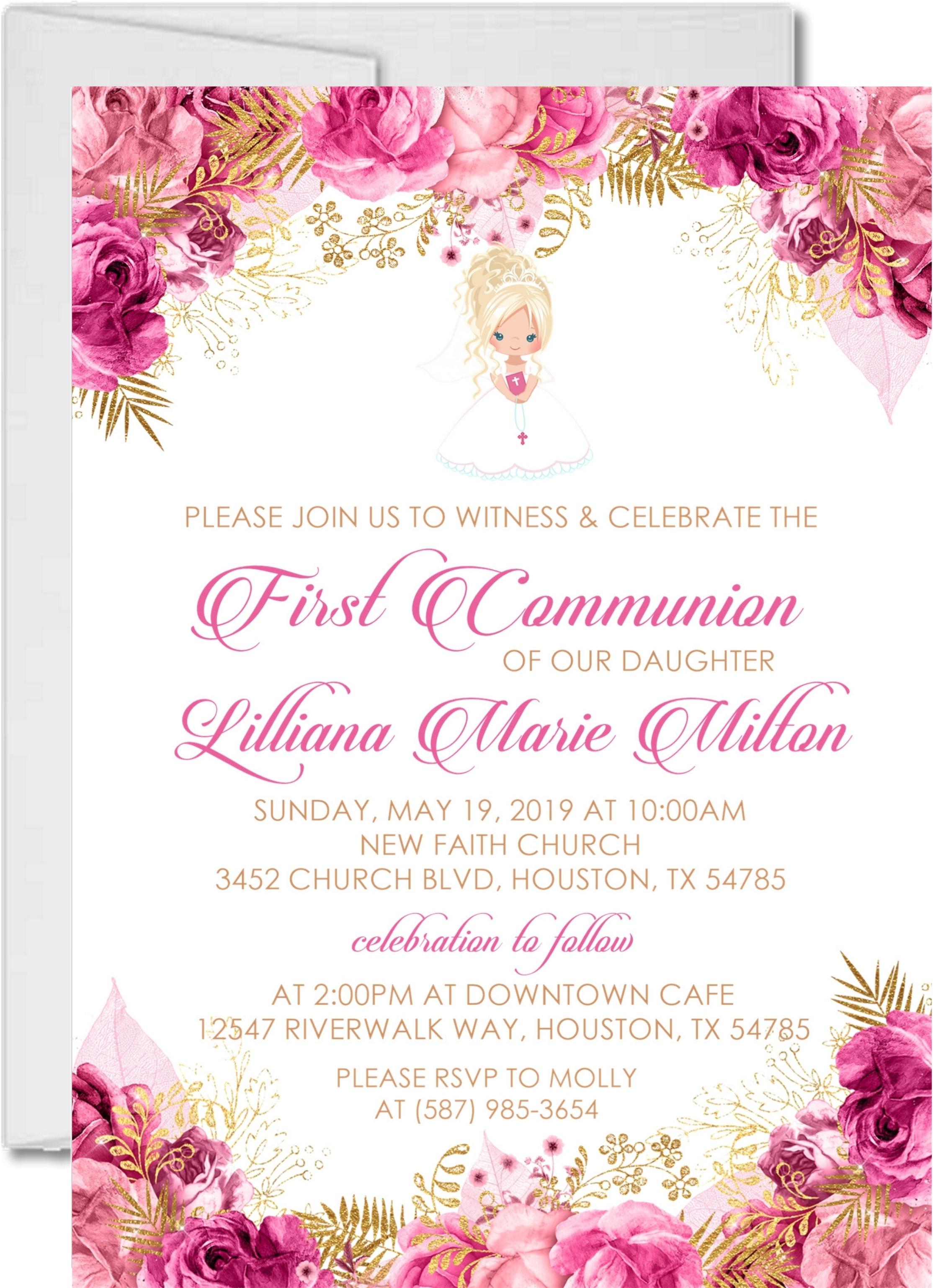 Girls Pink And Gold First Communion Invitations