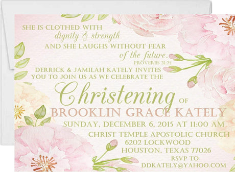 Girls Pink And Green Christening Invitations