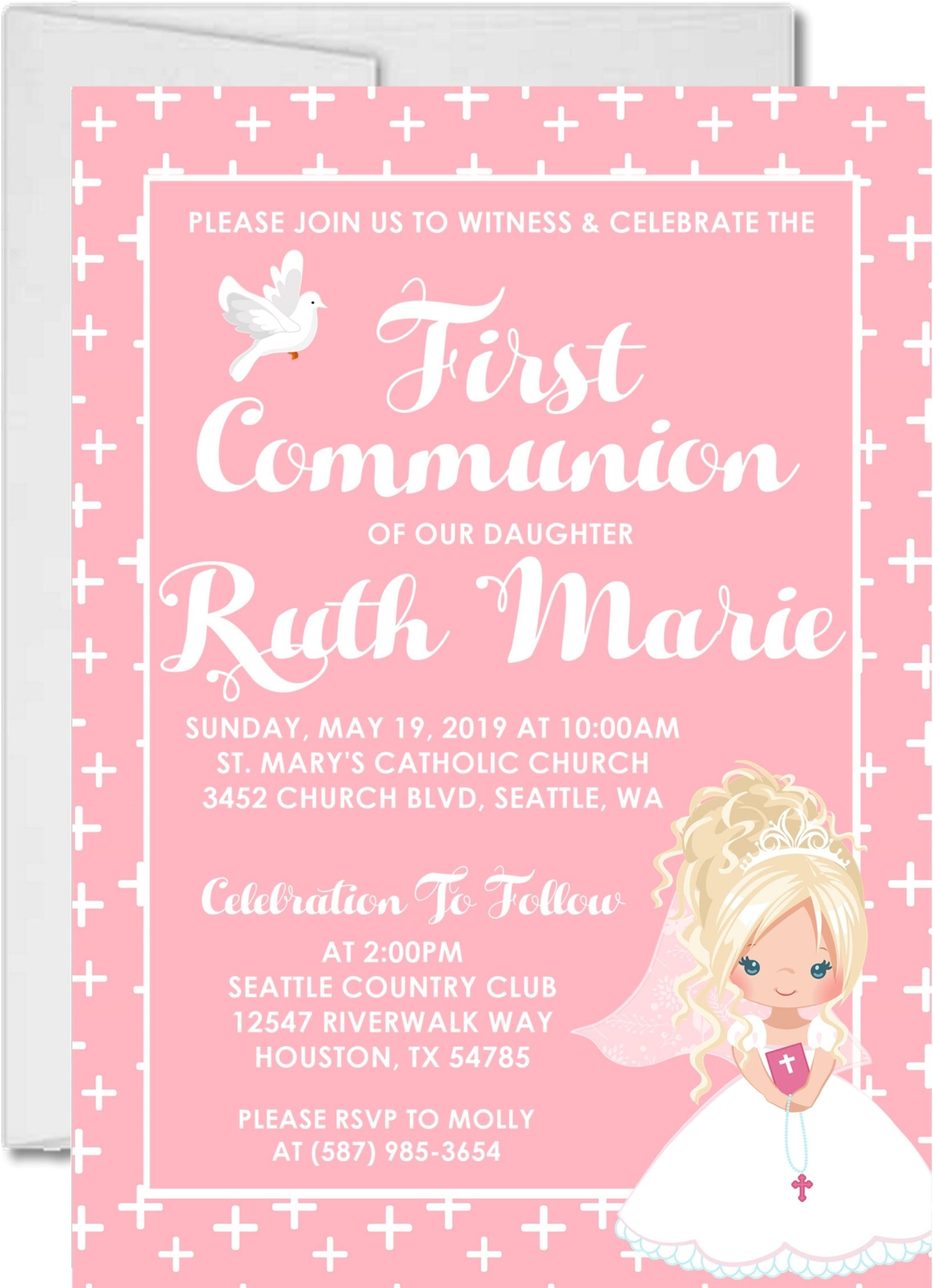 Girls Pink And White First Communion Invitations