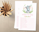 Girls Pink Elephant Baby Shower Wish Card - INSTANT DOWNLOAD PDF FILE
